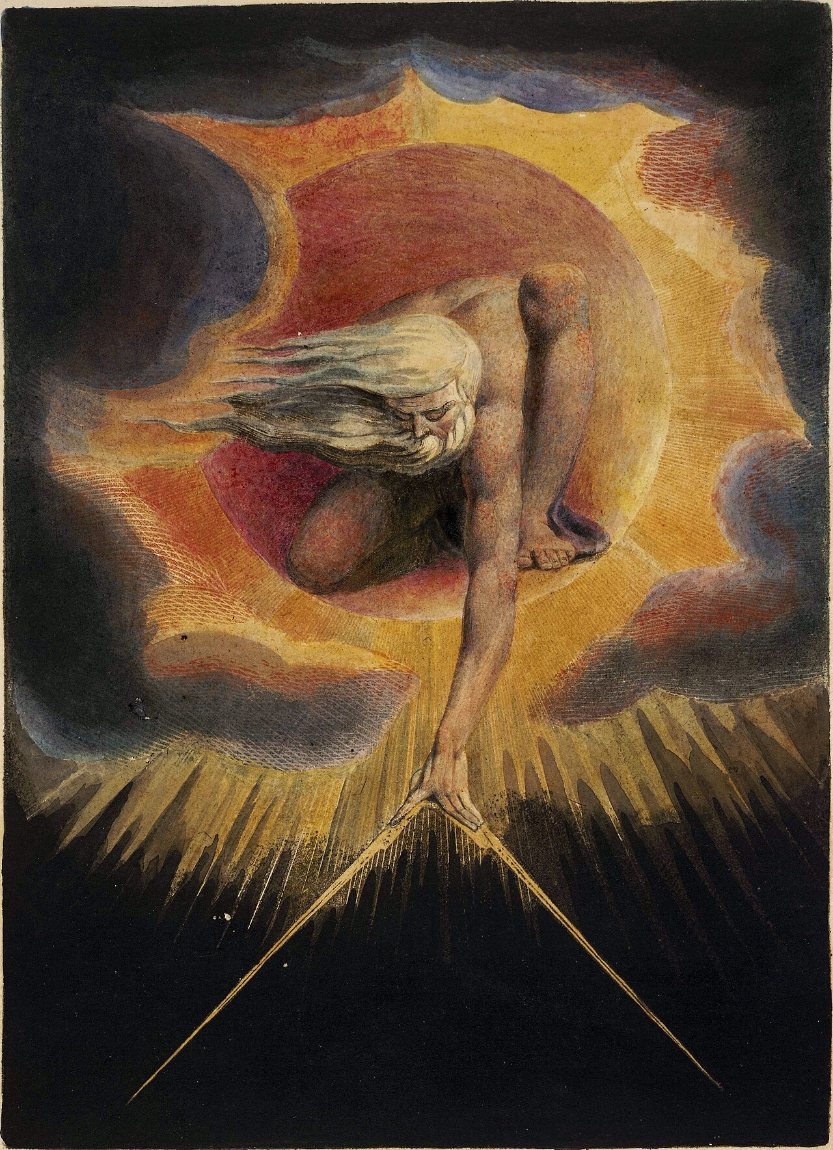 William Blake, The Ancient of Days. Frontispiece to Europe a Prophecy, 1794; relief etching with watercolour. British Museum.